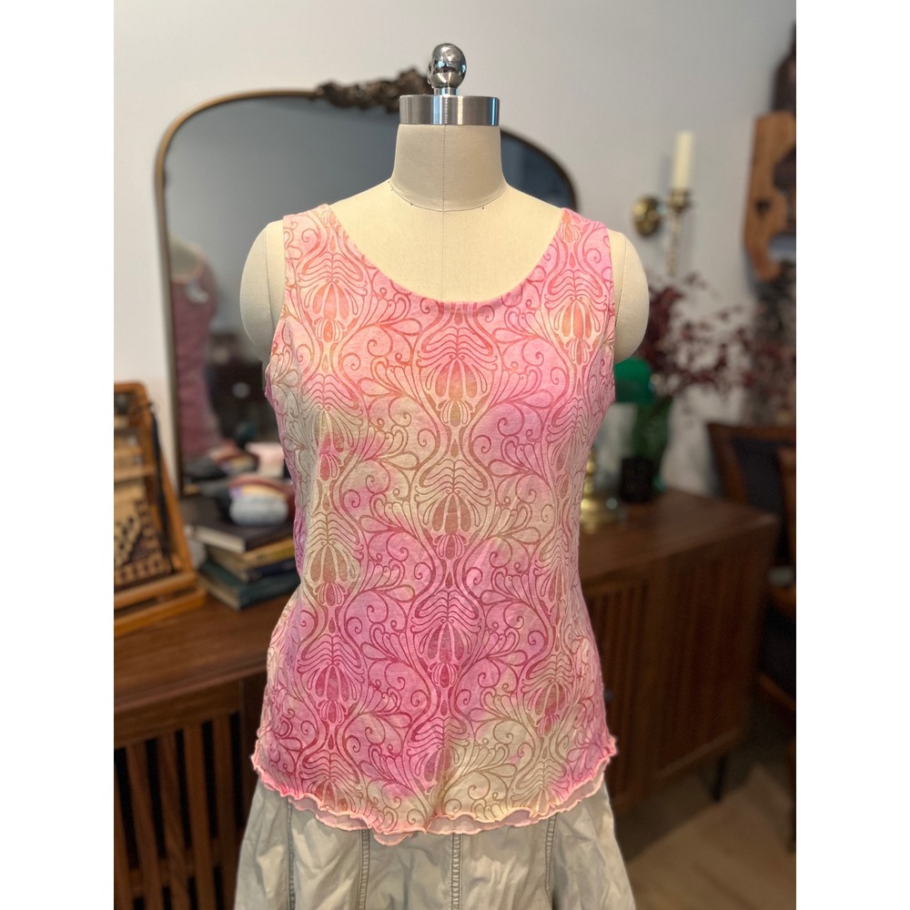 Y2K Fairy Grunge Cottage Core Pink Abstract Tank Top Sz L Lettuce Trim Shirt